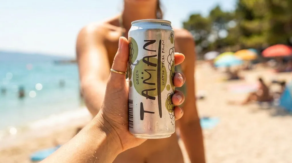 Ruka drži TAMAN Green premium gemišt u limenci uz bazen